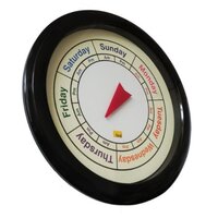 THIS CLOCK CAN BE USED TO READ THE TIME OF DAY AS WELL AS THE DAY OF THE WEEK.