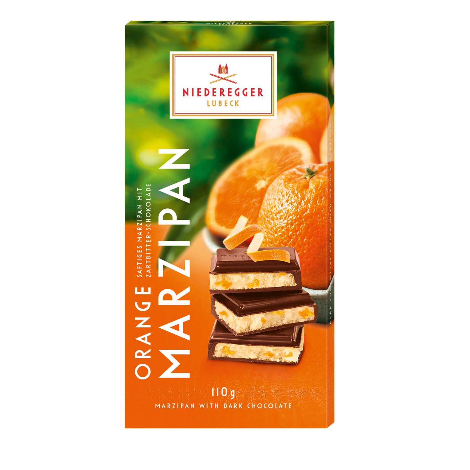 Dark chocolate covered marzipan bar with orange - 10x110g