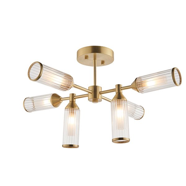 Endon Ribbed And Frosted Glass Satin Brass 6 Light Semi-Flush