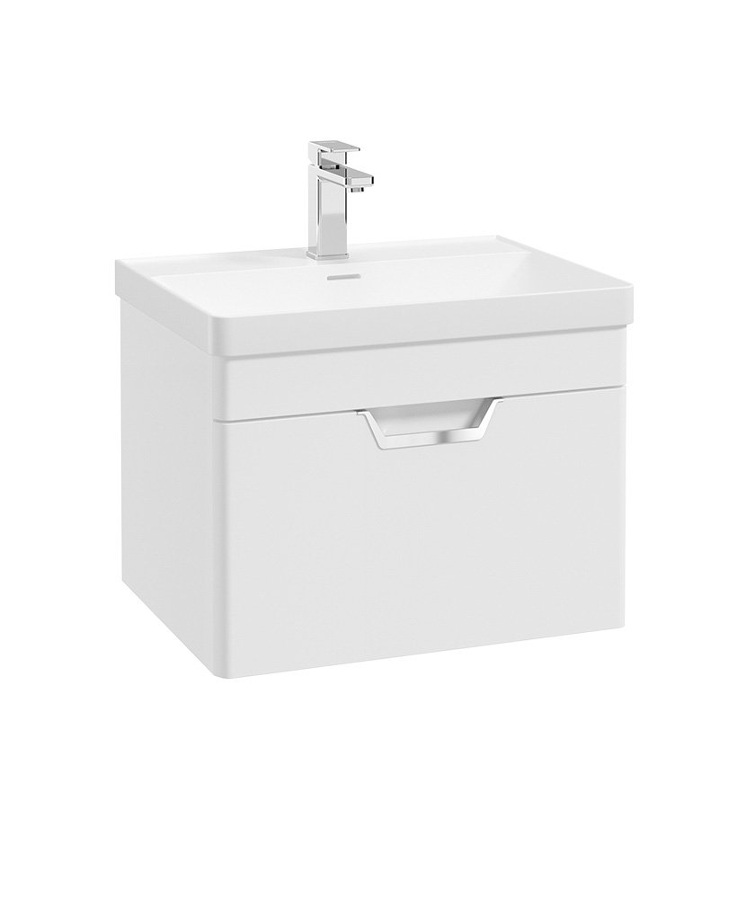 FREYA 60CM 1 DRAWER WALL HUNG VANITY UNIT MATT WHITE-BRUSHED CHROME HANDLE
