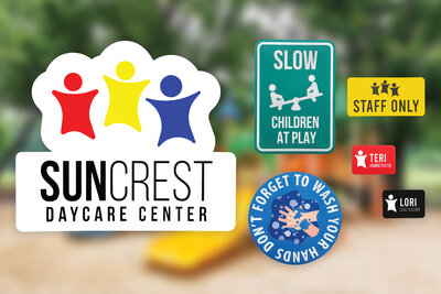 LaserGloss Exterior signage examples, including daycare signs, staff badges, and safety notices made from vibrant, weather-resistant engraving materials by Rowmark.