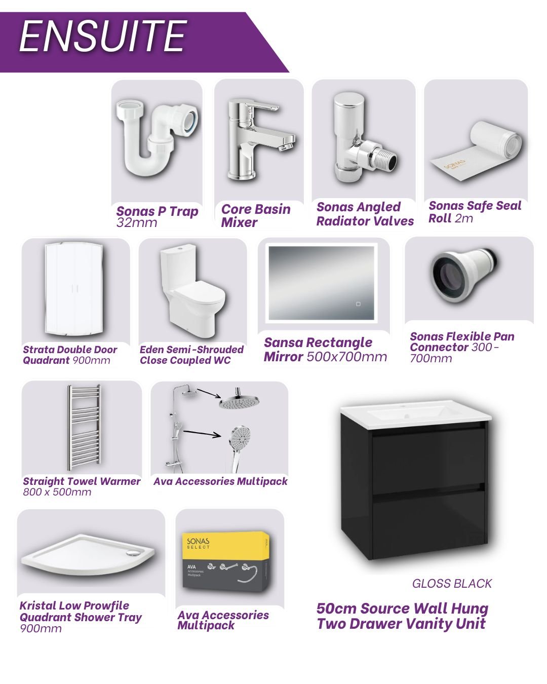 Sonas Ensuite Wall Hung Bundle Gloss Black