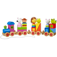 wooden pull-along toy train with stacking blocks and animal characters