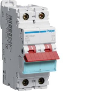 Hager 63A 2P B Curve 10kA MCB Red Toggle NBN263R