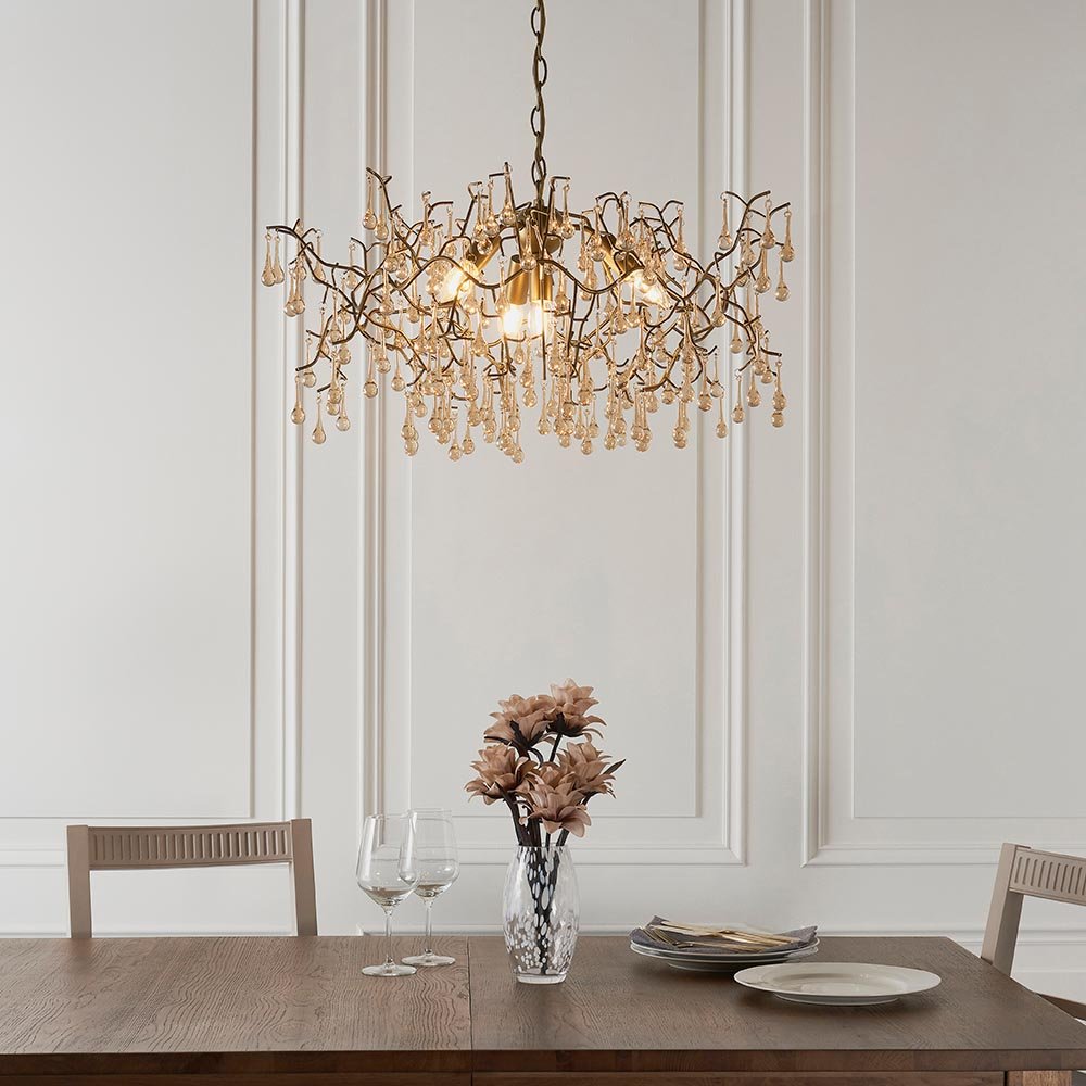 Endon Aged Gold Branch Chandelier With Glass Droplets