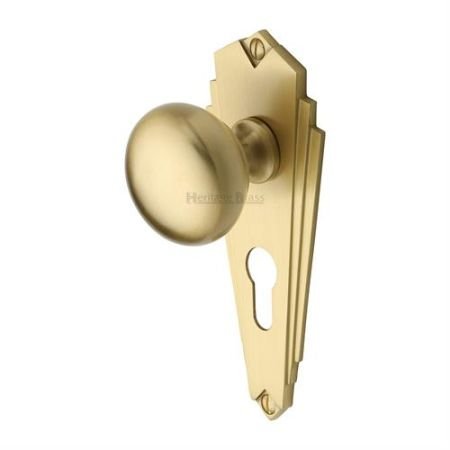 BR1848-SB - Heritage Brass Mortice Knob on Euro Profile Plate Broadway Design Satin Brass Finish