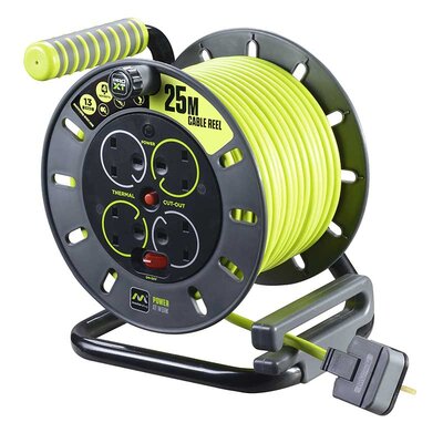 Masterplug Pro XT 25M 13A Medium Open Reel UK 4 Socket