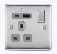NEXUS BRUSHED STEEL 13A 1 GANG SWITCHED  SOCKET + USB A + USB C FAST CHARGE 3A  GREY INSERT