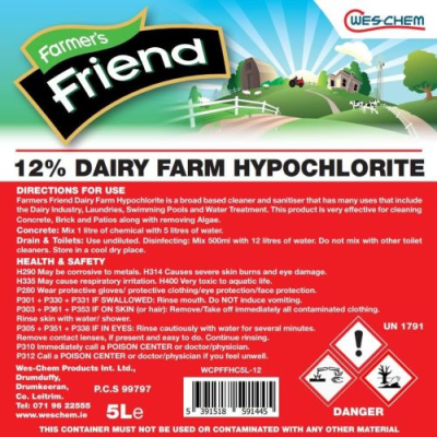 Farmers Friend 12% Dairy Farm Hypochlorite 5Ltr