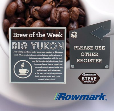 Engraved matte signs for caf&eacute; and retail environments featuring directional and promotional messages, made with Rowmark materials