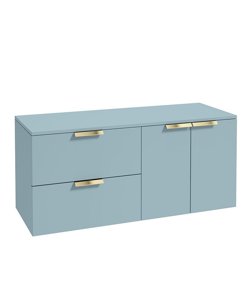 STOCKHOLM 120CM WALL HUNG TWO DRAWER/TWO DOOR MORNING SKY BLUE MATT  COUNTERTOP VANITY UNIT - BRUSHED GOLD HANDLE