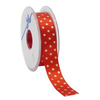 Red single faced satin ribbon with gold twinkling stars - 23mm x 25m