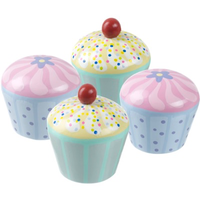 Set of four wooden cupcakes, two with cherries on top