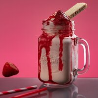 a large glass mason jar with a cold drink and strawberry topping sauce and wafer biscuit. 