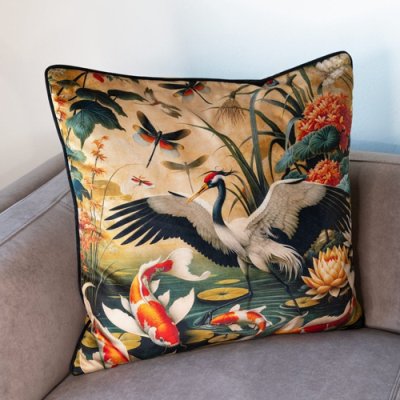 Orient Bird & Koi Pond Velvet Feather Filled Cushion - 60 x 60