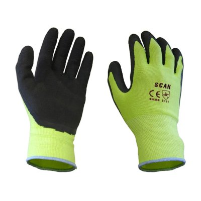 Scan Hi-Vis Yellow Foam Latex Coated Gloves - L (Size 9)