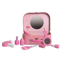 Toy wooden vanity kit in a carry-case with a mirror