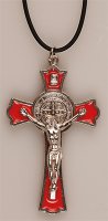 Metal/Red Enamel Benedict Crucifix- 3 inch   (1227/RED)