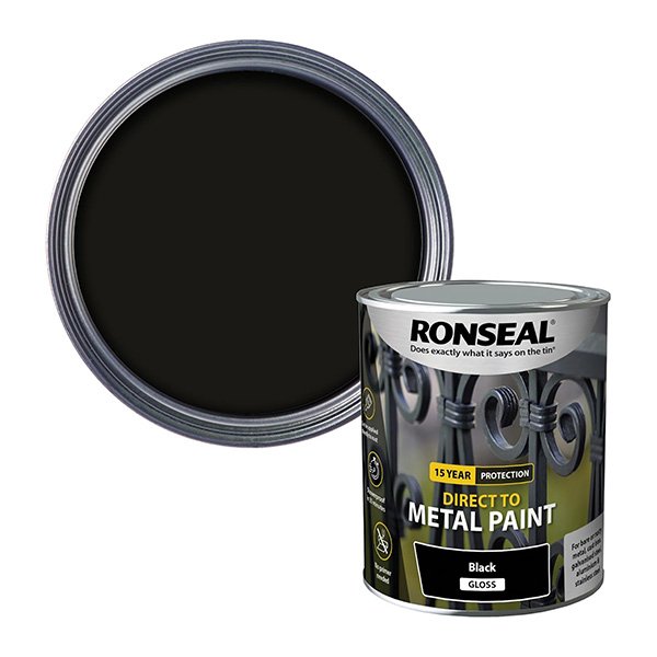 Ronseal Direct to Metal Paint Black Gloss Tin & Swatch