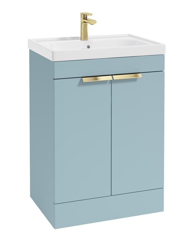 STOCKHOLM 60CM TWO DOOR FLOOR STANDING MORNING SKY BLUE MATT VANITY UNIT -BRUSHED GOLD HANDLES