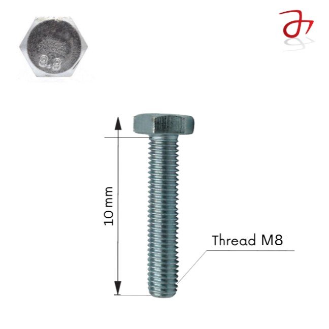 Hexagon Head Bolt DIN933 M8x10 Steel Zinc-Plated 8.8