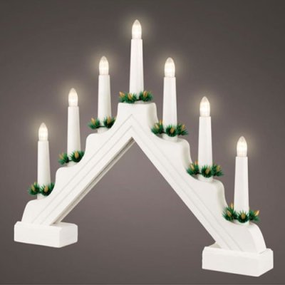 Lumineo Battery Operated Traditional 7 Light Wooden Candlebridge - White
