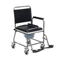This black mobile Commode chair has a cushioned seat