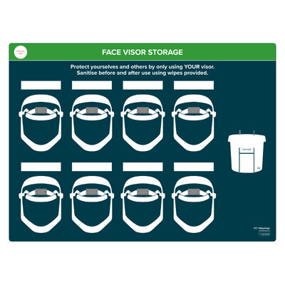 Station de rangement murale pour visi&egrave;re faciale - pour accueillir 8 visi&egrave;res faciales et un grand bac &agrave; lingettes