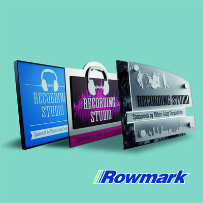 Rowmark Ultra Matte signs for a recording studio in blue, magenta, and metallic finishes