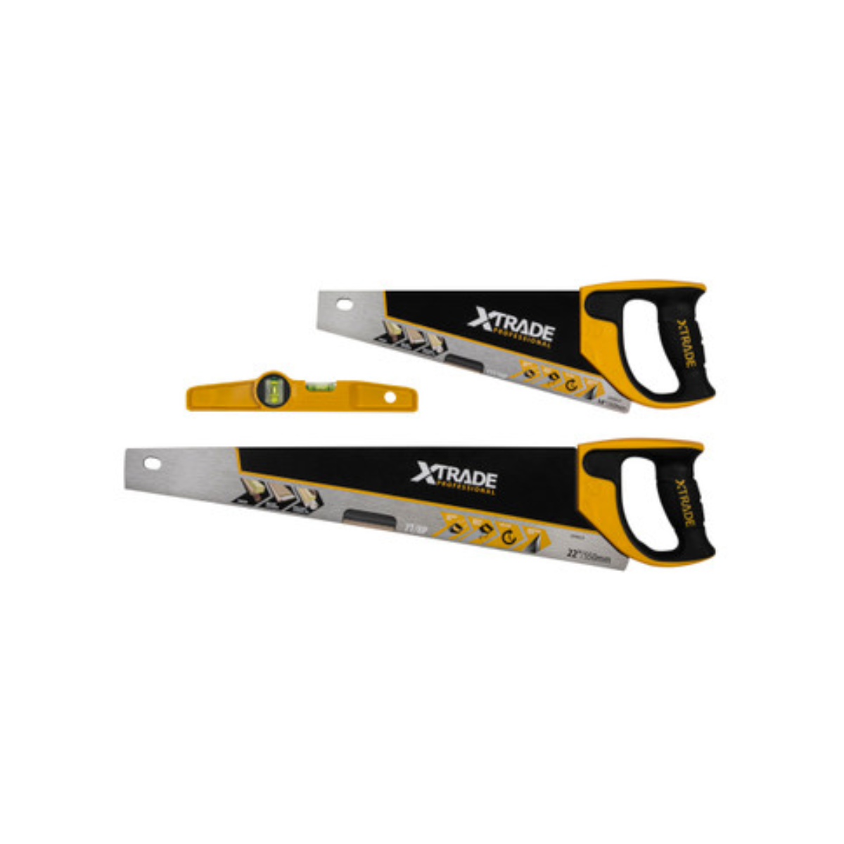 XTRADE PRO 22" HANDSAW, 14" TOOLBOX SAW & SCAFFOLD SPIRIT LEVEL SET (X0900068/TLS0732)