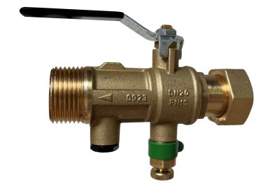 Vanne &agrave; boule pour compteur eau, ecrou libre 4/4"-4/4"M, avec purge et clapet EA. (Belgaqua)
