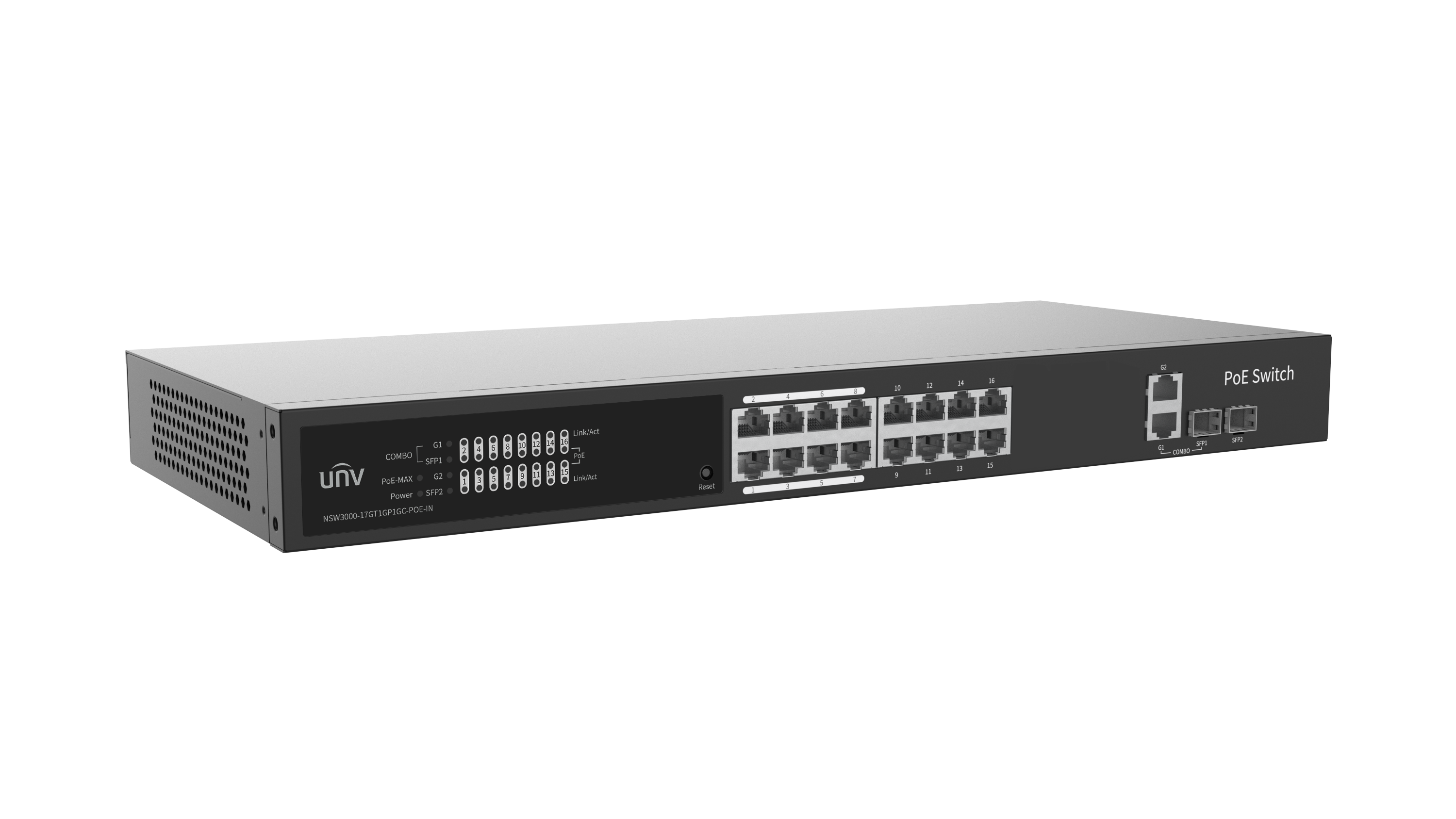Uniview NSW3000-17GT1GP1GC-POE-IN switch showing 16 PoE RJ-45 ports