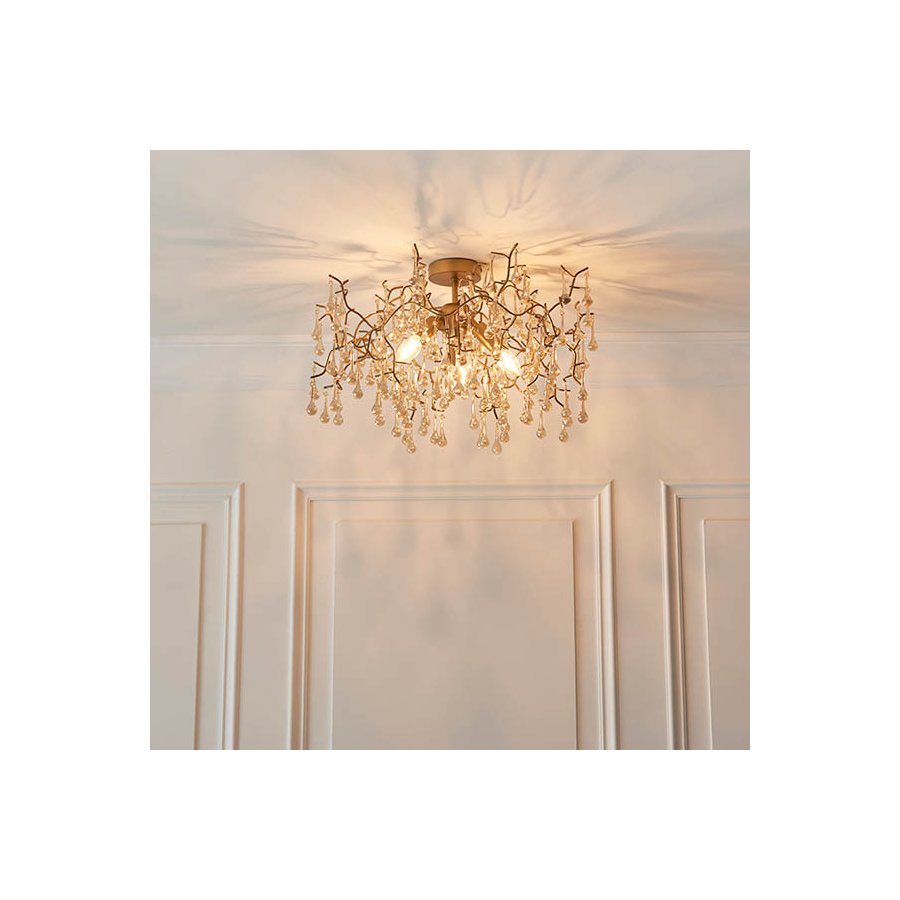 Endon Aged Gold Branch Semi-Flush With Glass Droplets
