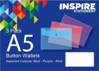 A5 Button Wallet Assorted Colours (3pk)