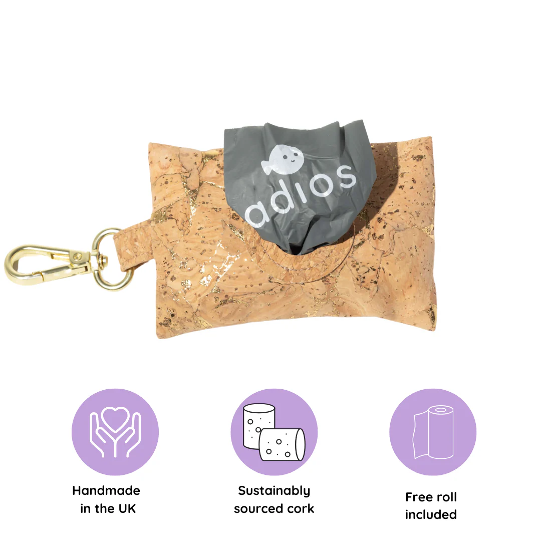 Adios Handmade Natural Cork Poop Bag Holder Gold Flecks with 15 Poop Bags