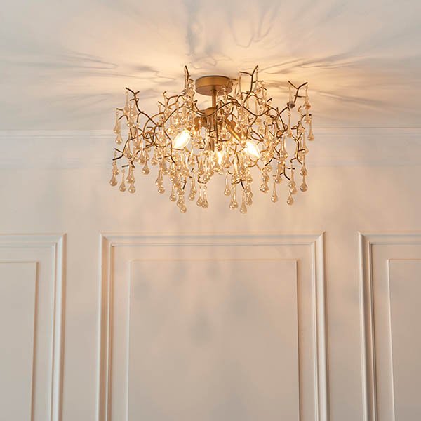 Endon Aged Gold Branch Semi-Flush With Glass Droplets