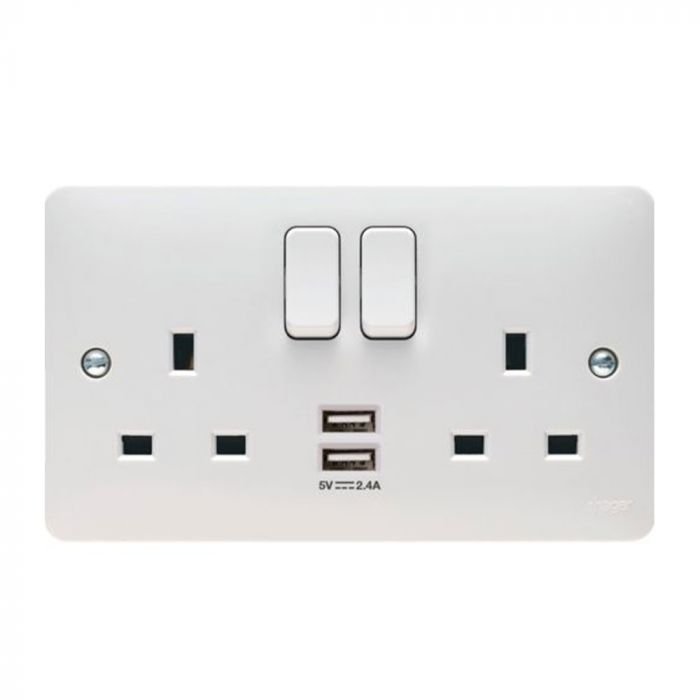 Hager Sollysta 2G Switched Socket C/w USB White WMSS82USB