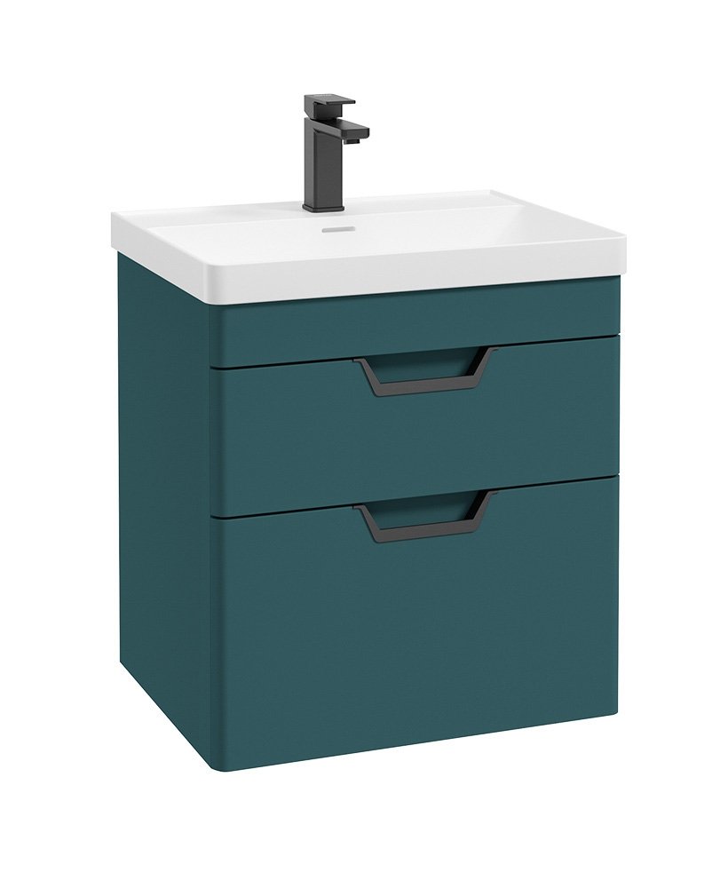FREYA 60CM 2 DRAWER WALL HUNG VANITY UNIT MATT OCEAN BLUE-MATT BLACK HANDLE