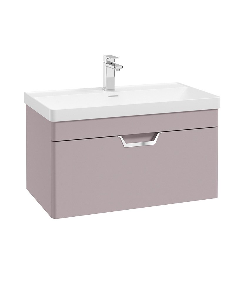 FREYA 80CM 1 DRAWER WALL HUNG VANITY UNIT MATT CASHMERE PINK-BRUSHED CHROME HANDLE