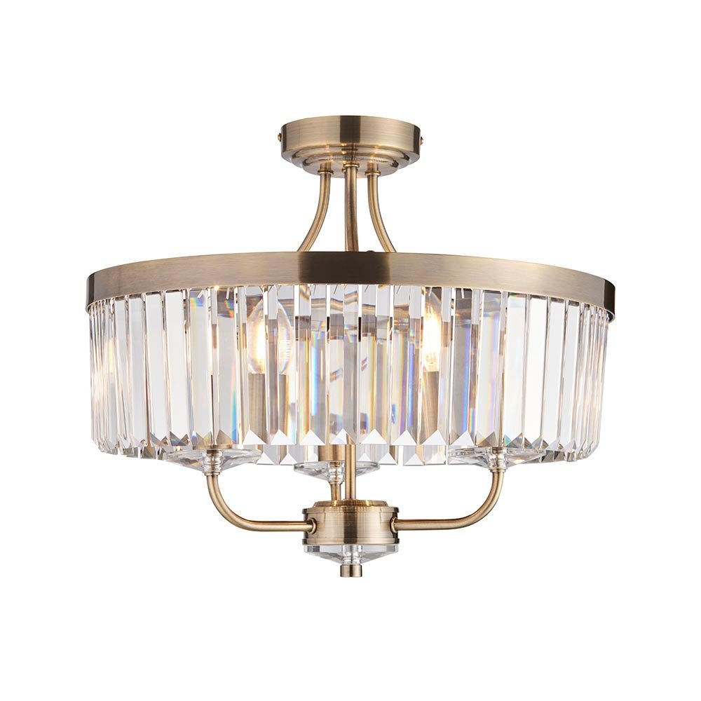 Endon Round Antique Brass And Clear Cut Glass Semiflush