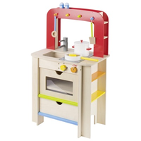 Wooden children's play kitchen with accessories