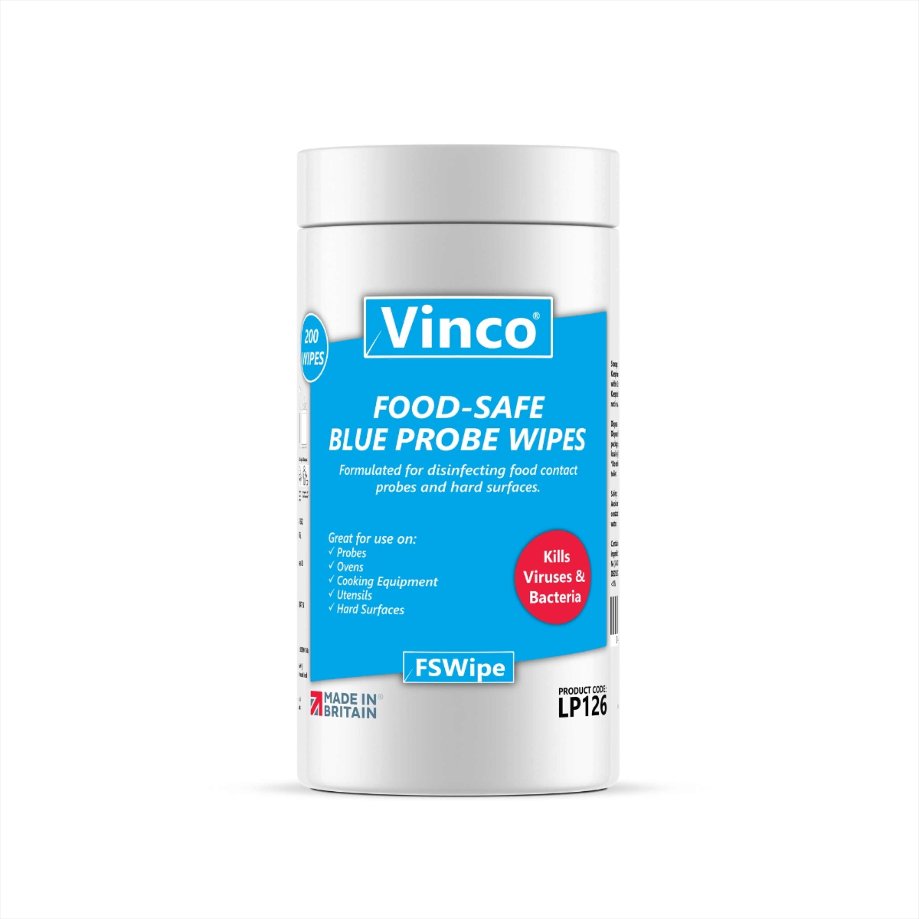 Vinco-FSwipe, Food Safe Disinfecting Probe Wipe, 200 Sheets, Blue, Each