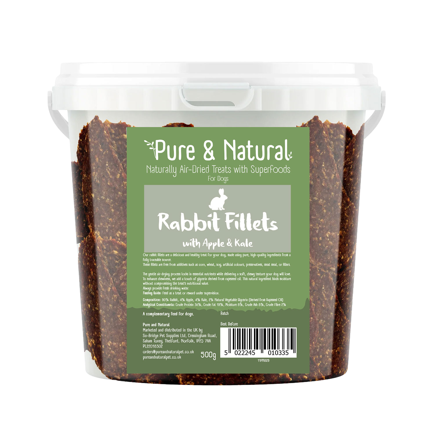 Pure & Natural PN829 Air Dried Rabbit Fillets Treats with Superfoods Apple and Kale Tub 500gm
