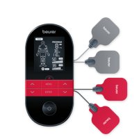 The digital TENS/EMS device has 4 electrodes with gel pads.