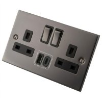 Black Nickel 2 Gang Socekt c/w USB Type A + C