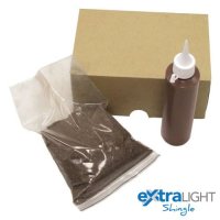ExtraLight roof tile Repair Kit in walnut colour, showing bag of granules, glue and box