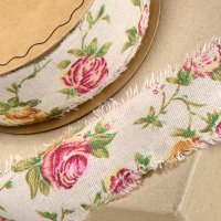 Printed Country Garden Linen Frayed Edge Ribbon - 50mm x 10m