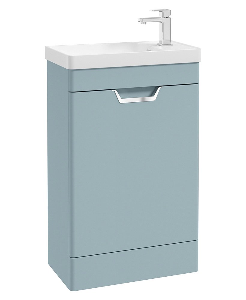FREYA 55cm 1 Door Cloakroom Floor Standing Vanity Unit Matt Morning Sky Blue-Brushed Chrome Handle