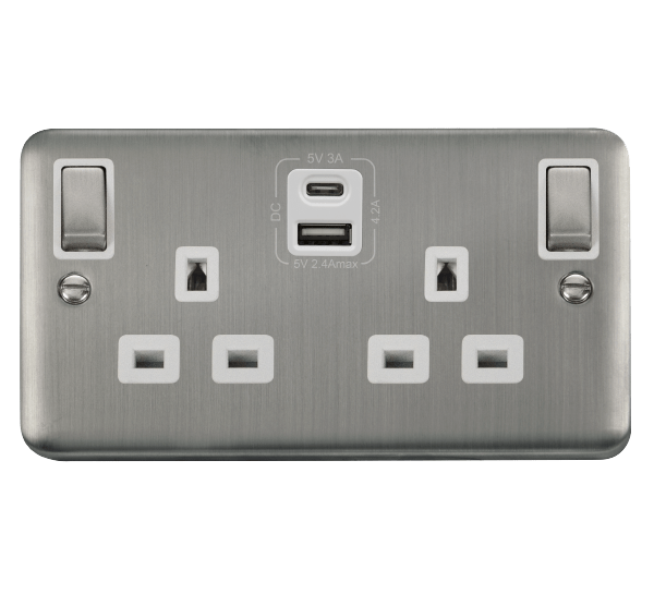 Click Deco Plus 2G DP Switched Socket C/w USB A&C Stainless Steel White Insert DPSS586WH