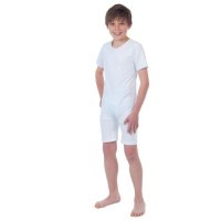 The childrens white bodysuit has a zipper in the leg.